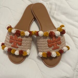 Tory Burch Women's Crochet Slide Sandals with Pom Poms - New and never worn!